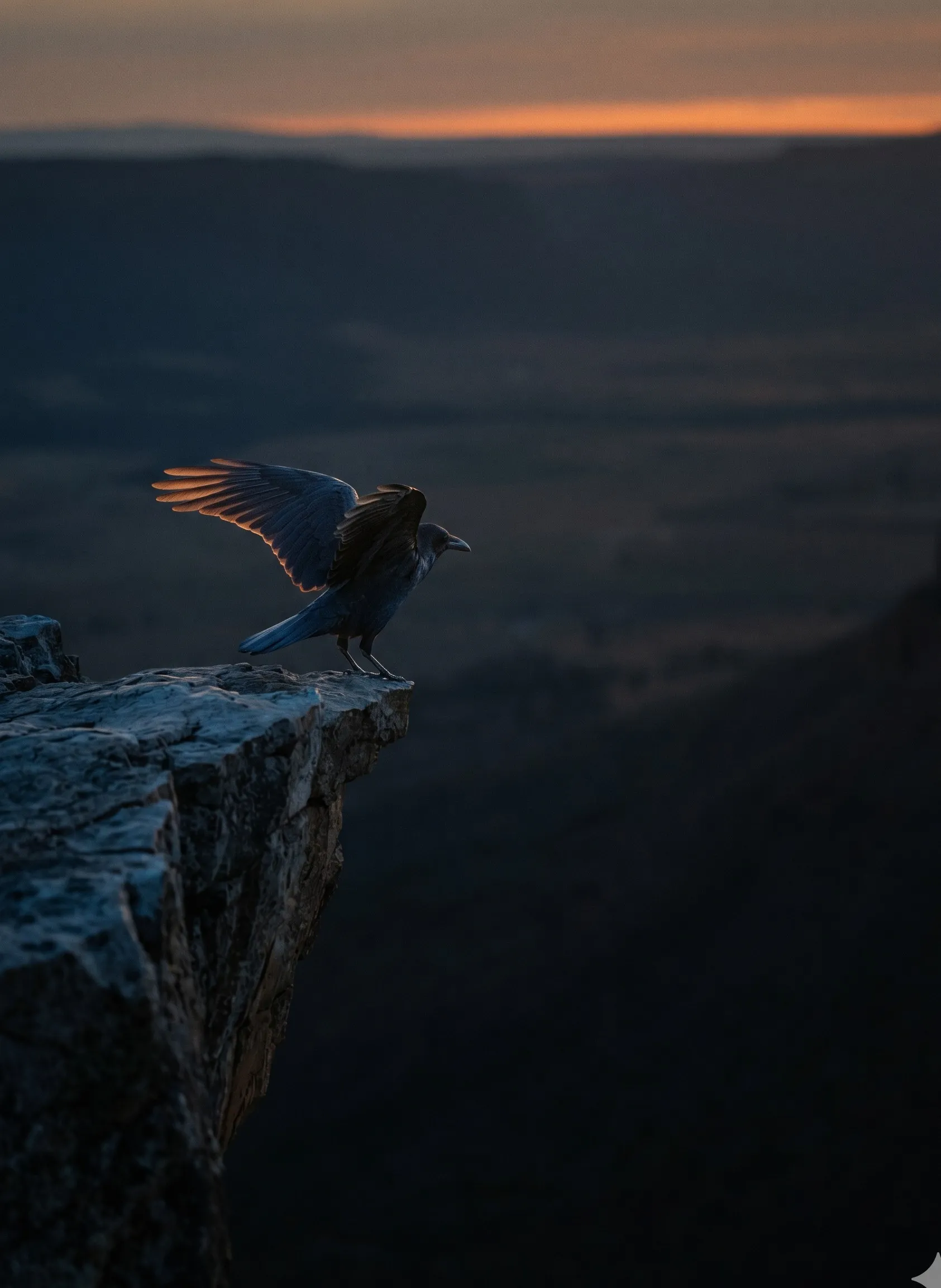 A bird at the very edge of a high cliff, one wing partially extended catching warm light, valley dropping away into deep shadow below