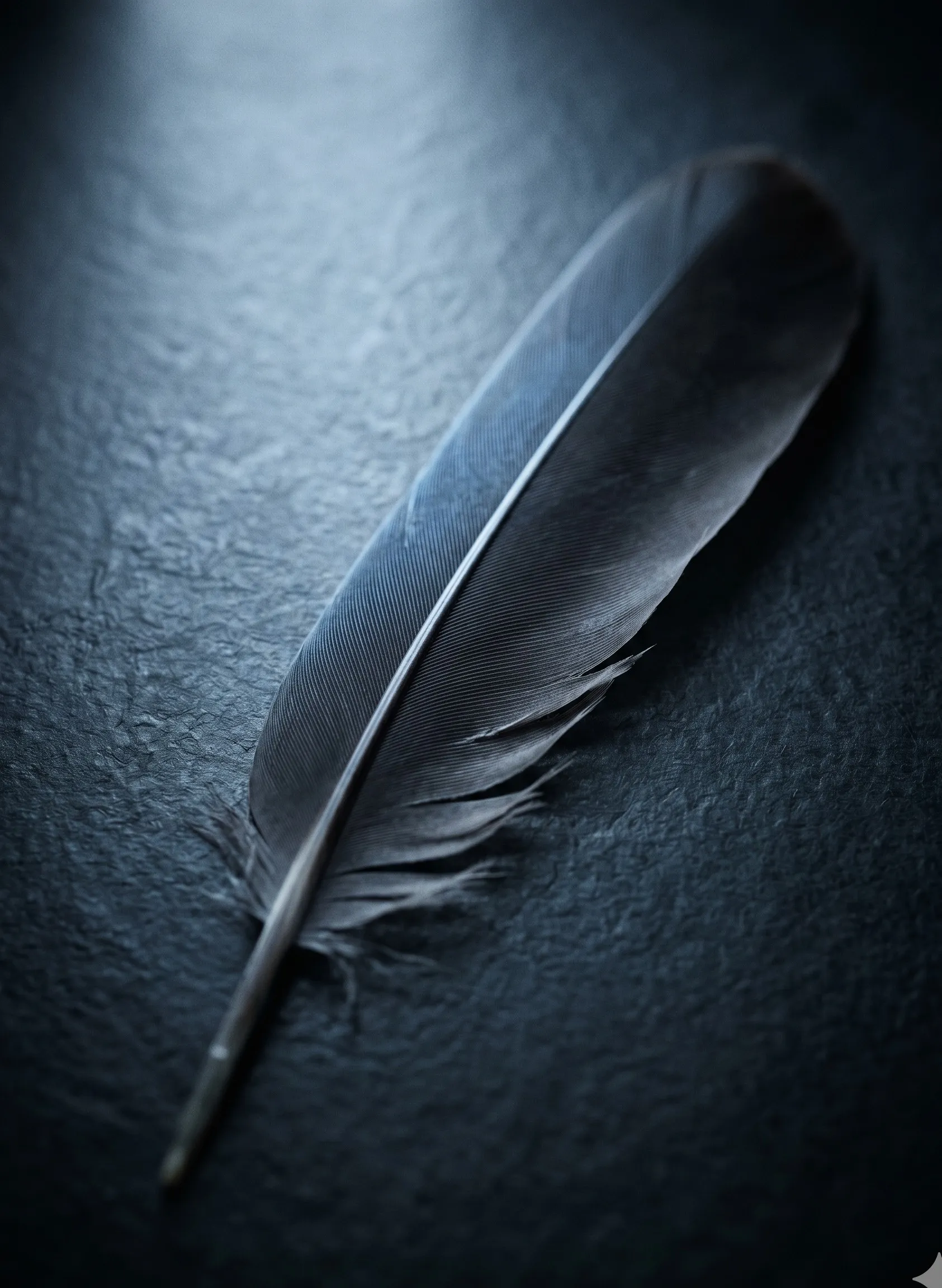 A single primary feather resting diagonally on dark slate, cold blue-white highlight along the leading edge