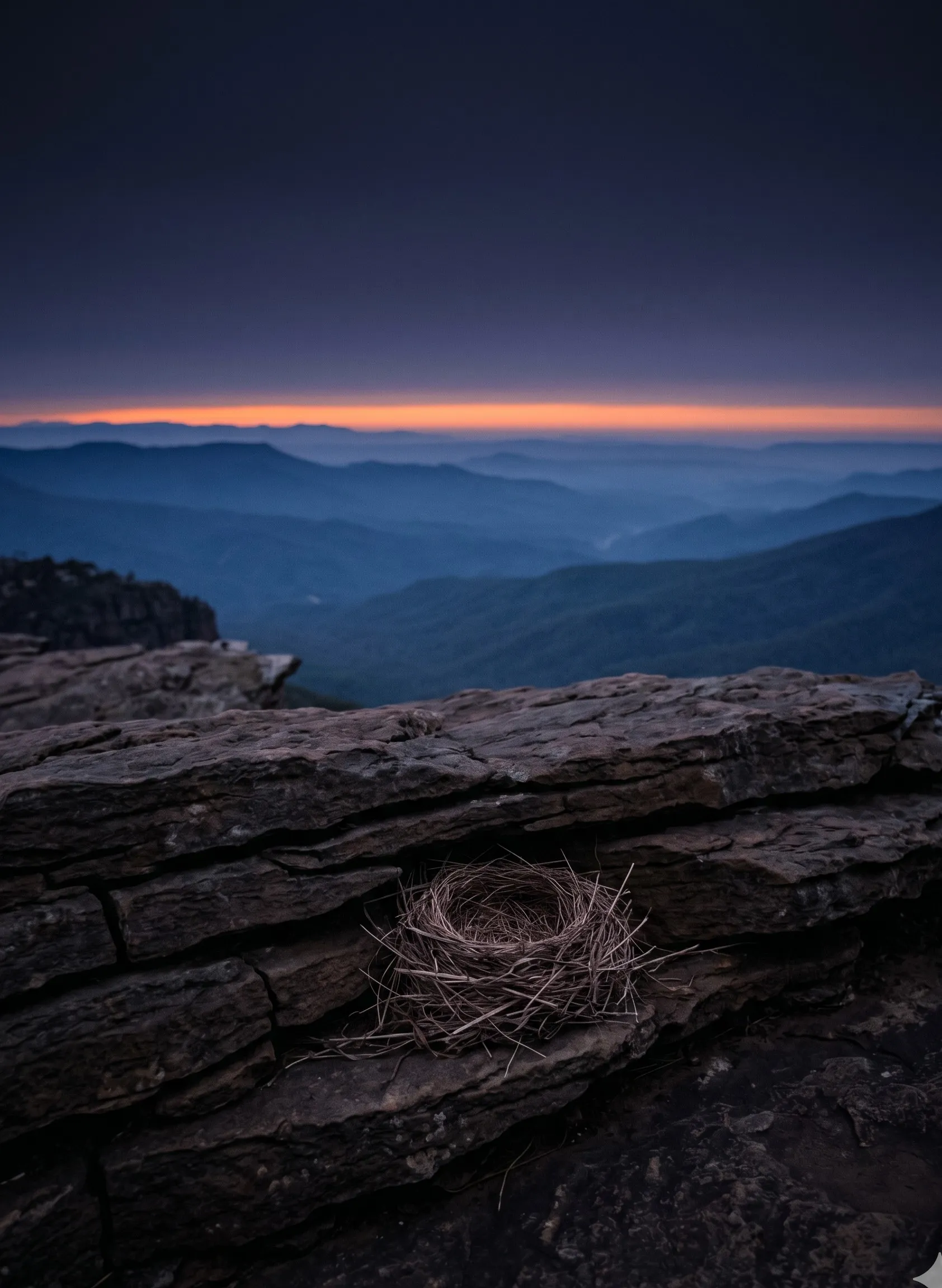 A bird's nest woven from twigs resting securely on a sheltered cliff ledge, vast mountain vista beyond with thin papaya dawn band on the horizon