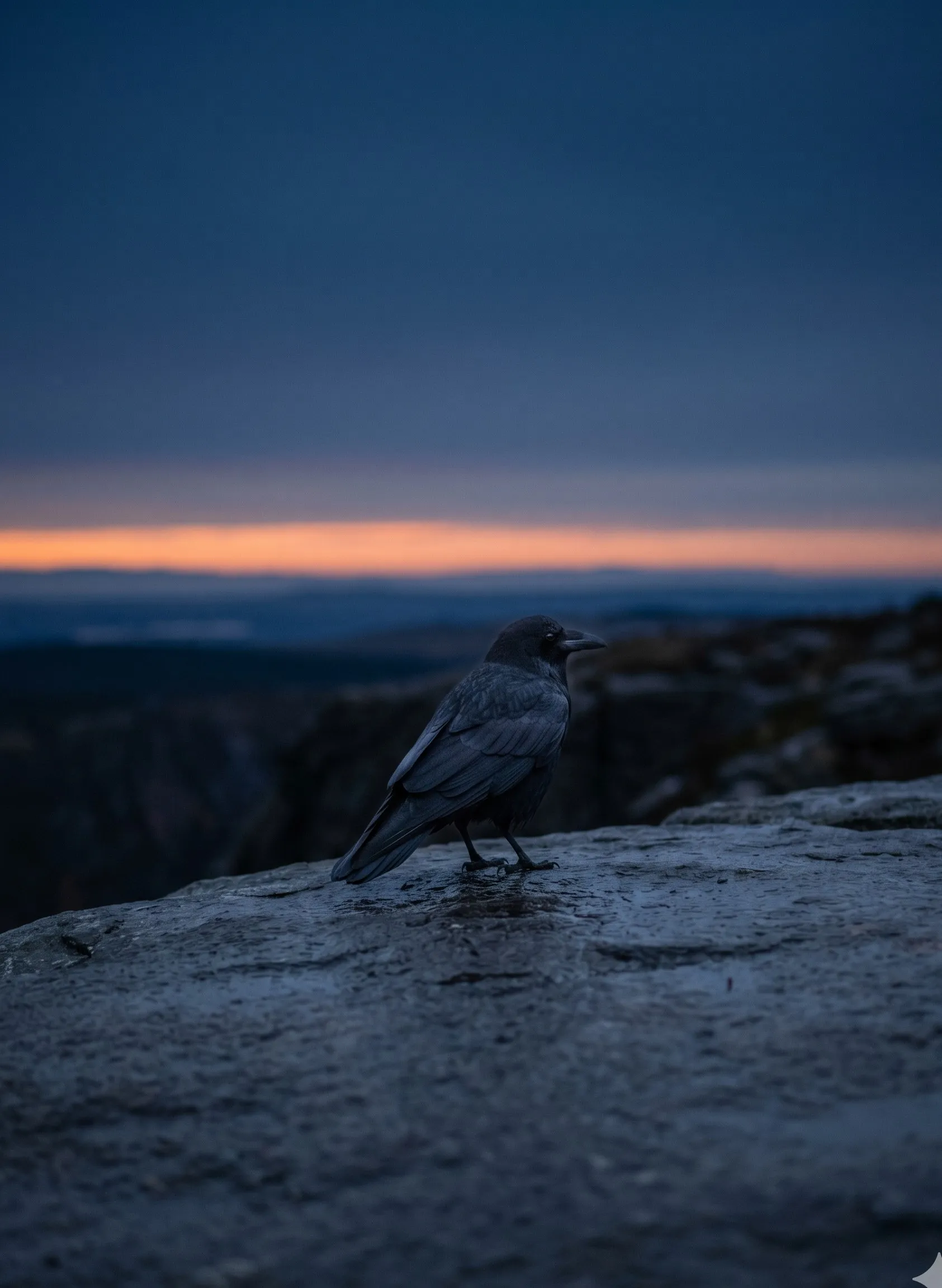A dark-plumaged bird standing motionless on bare rock at dusk, wings folded, papaya horizon band low in the distance